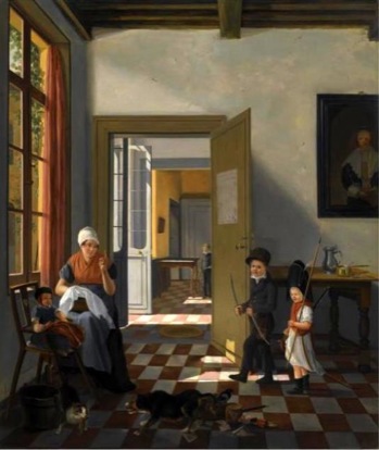 lefiguredeilibri.an-interior-with-a-woman-sewing-a-baby-and-two-children-dressed-up-as-soldiers